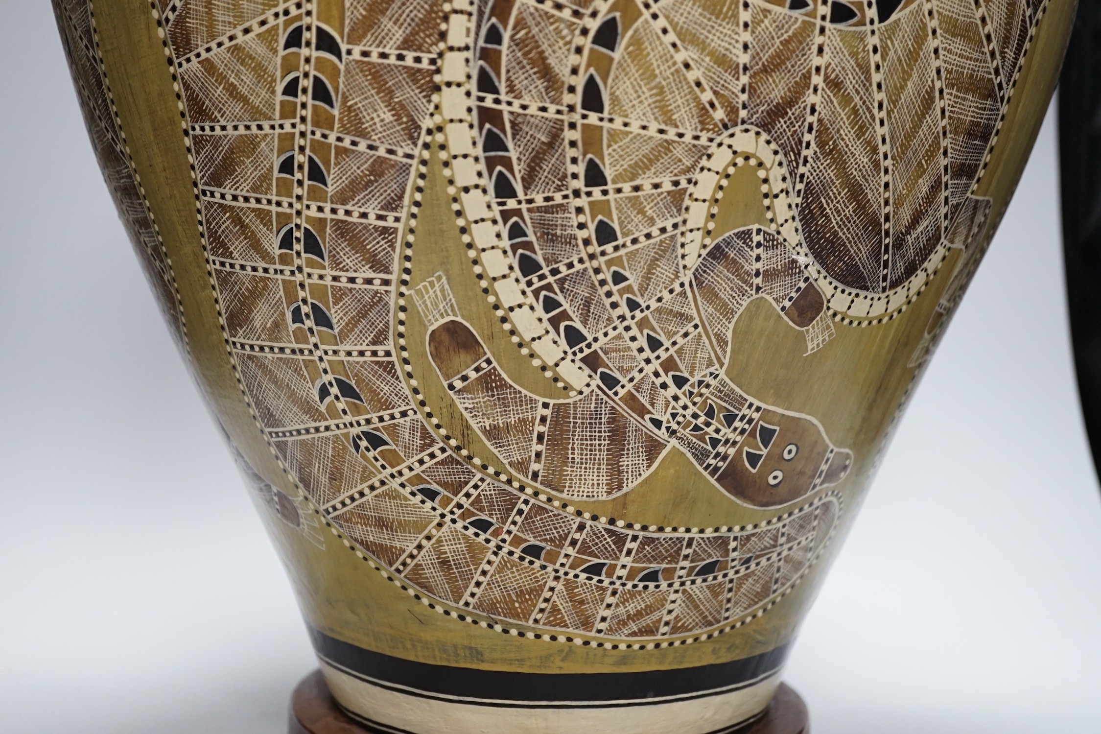An Australian Aboriginal style painted pottery large lamp, 61cm total height